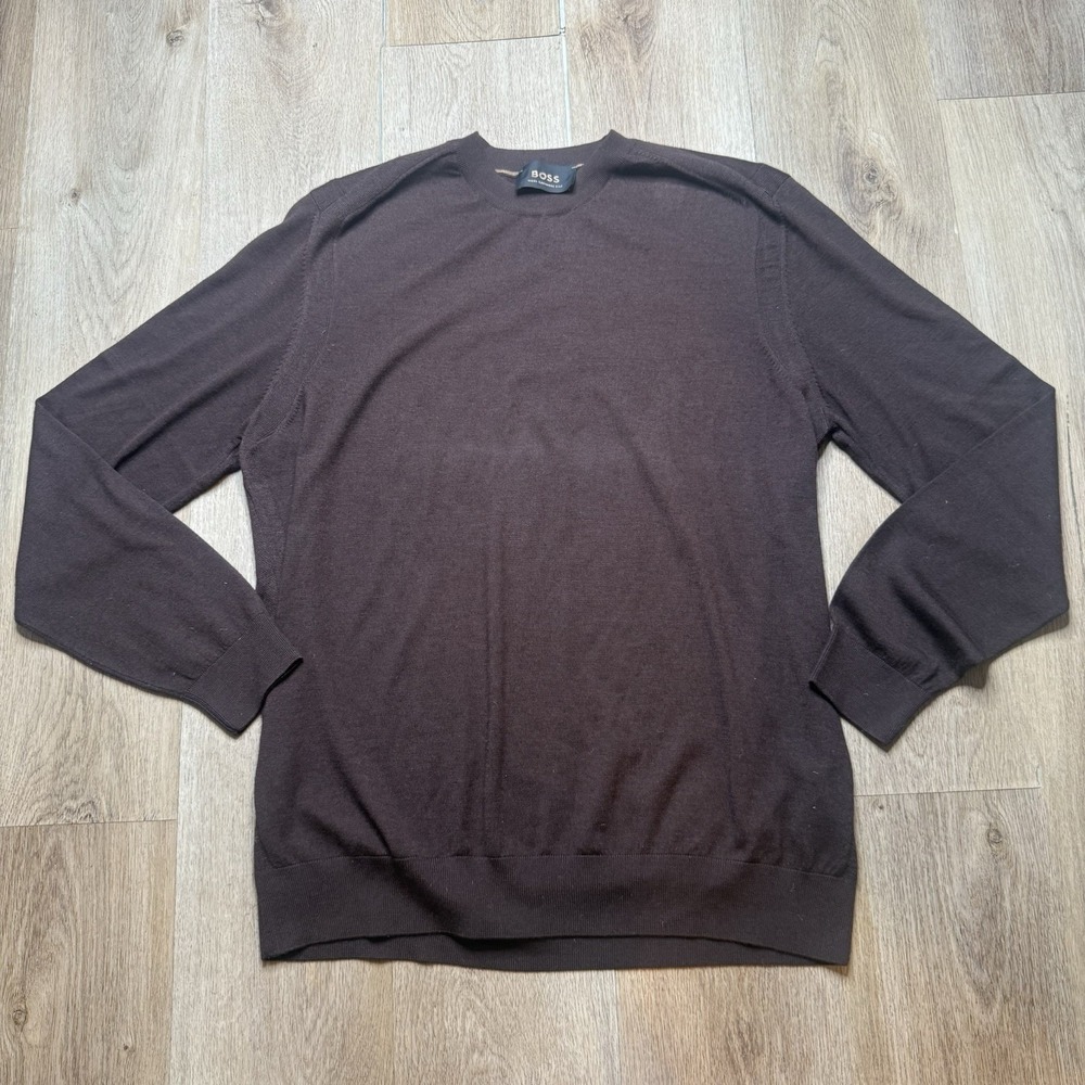 HUGO BOSS Mens 2XL Brown Crewneck Sweater Wool Silk Cashmere Blend